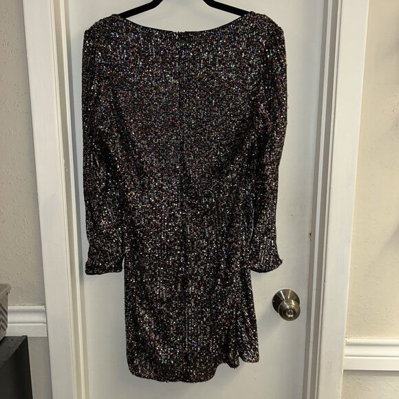 Lucy Paris Black Multicolor Sequenced Faux Wrap Holiday Mini Dress Size Large - Picture 6 of 11